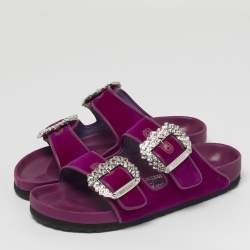 Pre Owned Manolo Blahnik Size 37 Purple Leather and Velvet Crystal Embellished Flat Sandals