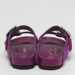 Pre Owned Manolo Blahnik Size 37 Purple Leather and Velvet Crystal Embellished Flat Sandals