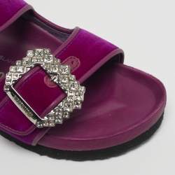 Pre Owned Manolo Blahnik Size 37 Purple Leather and Velvet Crystal Embellished Flat Sandals