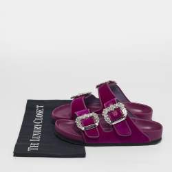 Pre Owned Manolo Blahnik Size 37 Purple Leather and Velvet Crystal Embellished Flat Sandals