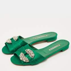 Pre Owned Manolo Blahnik Size 40.5 Green Satin Flat Slides 