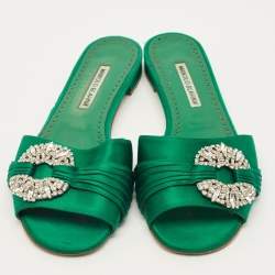 Pre Owned Manolo Blahnik Size 40.5 Green Satin Flat Slides 