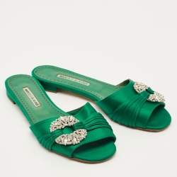 Pre Owned Manolo Blahnik Size 40.5 Green Satin Flat Slides 