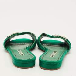 Pre Owned Manolo Blahnik Size 40.5 Green Satin Flat Slides 