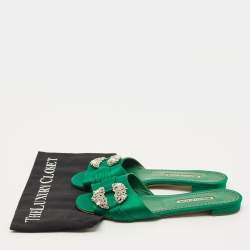 Pre Owned Manolo Blahnik Size 40.5 Green Satin Flat Slides 