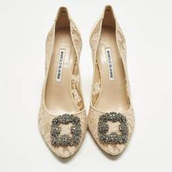 مملوكة مسبقًا حذاء كعب عالي مانولو بلانيك هانغيسي دانتيل بيج وساتان مقاس 39.5