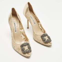 مملوكة مسبقًا حذاء كعب عالي مانولو بلانيك هانغيسي دانتيل بيج وساتان مقاس 39.5