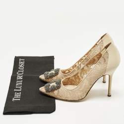 مملوكة مسبقًا حذاء كعب عالي مانولو بلانيك هانغيسي دانتيل بيج وساتان مقاس 39.5