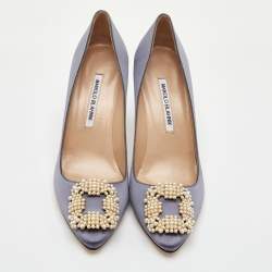 Pre Owned Manolo Blahnik Hangisi Pearl Embellished Size 39 Dark Grey Satin Pumps