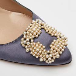 Pre Owned Manolo Blahnik Hangisi Pearl Embellished Size 39 Dark Grey Satin Pumps