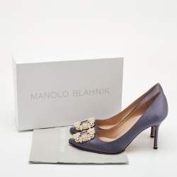 Pre Owned Manolo Blahnik Hangisi Pearl Embellished Size 39 Dark Grey Satin Pumps