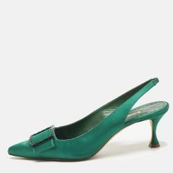 Pre Owned Manolo Blahnik Dolores Size 40 Green Satin Slingback Pumps