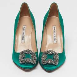 مملوكة مسبقًا Manolo Blahnik Hangisi Size 35.5 Green Satin Pumps