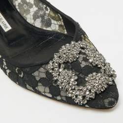 Pre Owned حذاء باليرينا فلات مانويلو بلانيك هانجيسي دانتيل أسود وحرير مقاس 38.5