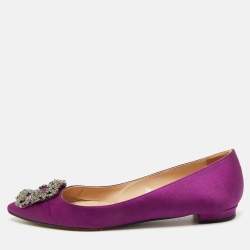 Pre Owned Manolo Blahnik Hangisi Size 37 Purple Satin Crystal Embellished Ballet Flats