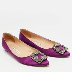 Pre Owned Manolo Blahnik Hangisi Size 37 Purple Satin Crystal Embellished Ballet Flats