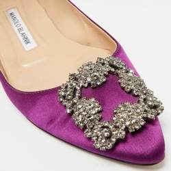 Pre Owned Manolo Blahnik Hangisi Size 37 Purple Satin Crystal Embellished Ballet Flats