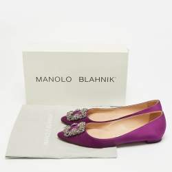 Pre Owned Manolo Blahnik Hangisi Size 37 Purple Satin Crystal Embellished Ballet Flats