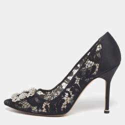 Pre Owned Manolo Blahnik Hangisi Size 39 Black/Navy Blue Lace and Satin Crystal Embellished Pumps