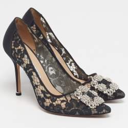 مملوكة مسبقًا حذاء كعب عالي مانولو بلانيك هانجيسي مرصع بالدانتيل والساتان أسود/كحلي مقاس 39