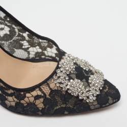 مملوكة مسبقًا حذاء كعب عالي مانولو بلانيك هانجيسي مرصع بالدانتيل والساتان أسود/كحلي مقاس 39