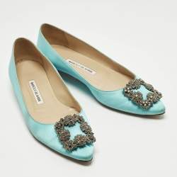 Pre Owned Manolo Blahnik Hangisi Size 38 Blue Satin Ballet Flats