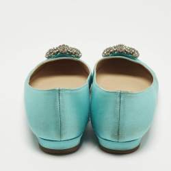 Pre Owned Manolo Blahnik Hangisi Size 38 Blue Satin Ballet Flats