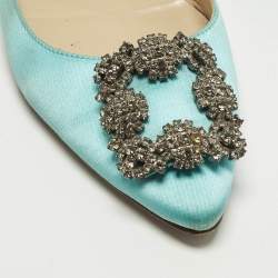 Pre Owned Manolo Blahnik Hangisi Size 38 Blue Satin Ballet Flats