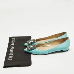 Pre Owned Manolo Blahnik Hangisi Size 38 Blue Satin Ballet Flats