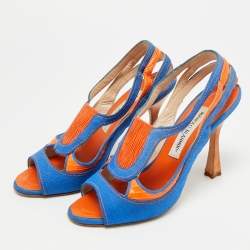 Pre Owned صندل مانويلو بلانيك مفتوح من الأمام قماش وجلد سحلية برتقالي/أزرق مقاس 37