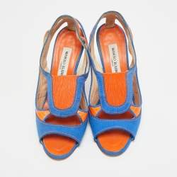 Pre Owned صندل مانويلو بلانيك مفتوح من الأمام قماش وجلد س حلية برتقالي/أزرق مقاس 37