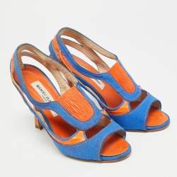 Pre Owned صندل مانويلو بلانيك مفتوح من الأمام قماش وجلد سحلية برتقالي/أزرق مقاس 37