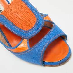 Pre Owned صندل مانويلو بلانيك مفتوح من الأمام قماش وجلد سحلية برتقالي/أزرق مقاس 37