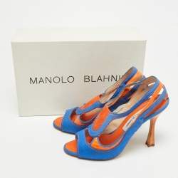 Pre Owned صندل مانويلو بلانيك مفتوح من الأمام قماش وجلد سحلية برتقالي/أزرق مقاس 37