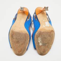 Pre Owned صندل مانويلو بلانيك مفتوح من الأمام قماش وجلد سحلية برتقالي/أزرق مقاس 37