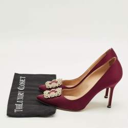 Pre Owned Manolo Blahnik Hangisi Size 39.5 Burgundy Satin Crystal Embellished Pumps