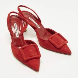 Pre Owned Manolo Blahnik Maysli Size 38 Red Suede Slingback Pumps
