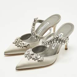 Pre Owned Manolo Blahnik Lurum Crystal Embellished Size 37.5 Grey Satin Mules 