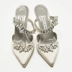 Pre Owned Manolo Blahnik Lurum Crystal Embellished Size 37.5 Grey Satin Mules 