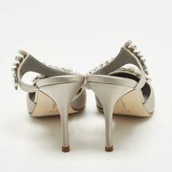 Pre Owned Manolo Blahnik Lurum Crystal Embellished Size 37.5 Grey Satin Mules 