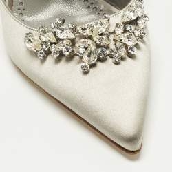 Pre Owned Manolo Blahnik Lurum Crystal Embellished Size 37.5 Grey Satin Mules 