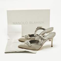 Pre Owned Manolo Blahnik Lurum Crystal Embellished Size 37.5 Grey Satin Mules 