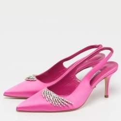 Pre Owned Manolo Blahnik Terala Size 40 Pink Satin Crystal Embellished Slingback Pumps