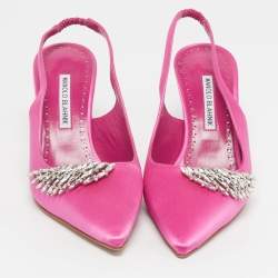 Pre Owned Manolo Blahnik Terala Size 40 Pink Satin Crystal Embellished Slingback Pumps