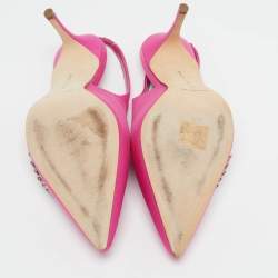 Pre Owned Manolo Blahnik Terala Size 40 Pink Satin Crystal Embellished Slingback Pumps