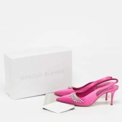Pre Owned Manolo Blahnik Terala Size 40 Pink Satin Crystal Embellished Slingback Pumps