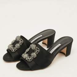 Pre Owned Manolo Blahnik Hangisi Size 39 Black Satin Block Heel Slide Sandals