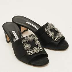 Pre Owned Manolo Blahnik Hangisi Size 39 Black Satin Block Heel Slide Sandals