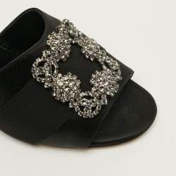 Pre Owned Manolo Blahnik Hangisi Size 39 Black Satin Block Heel Slide Sandals