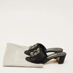 Pre Owned Manolo Blahnik Hangisi Size 39 Black Satin Block Heel Slide Sandals